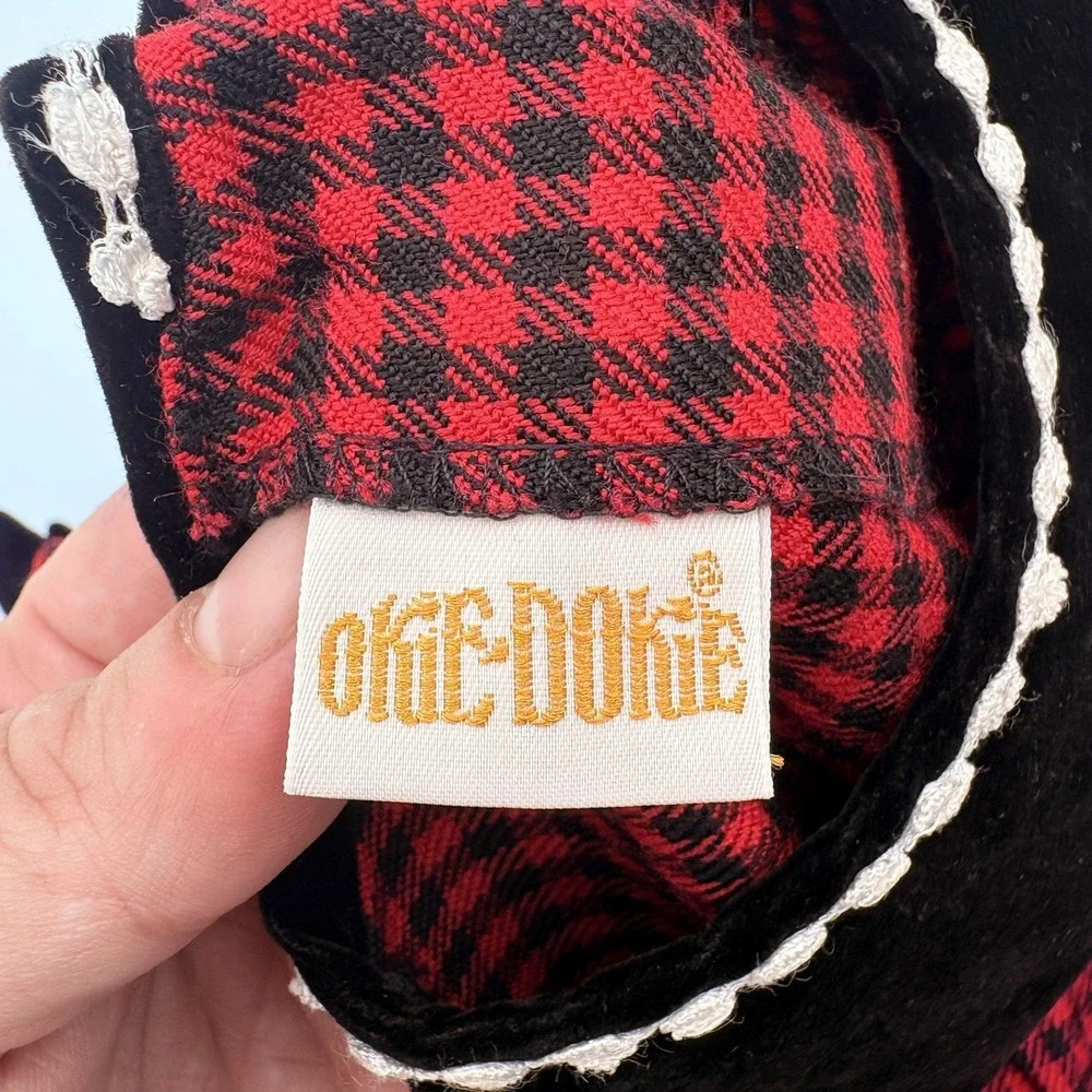 Okie Dokie Coverall Girls 9-12M Red Check Velvet Holiday Cuffed‎ Snap One Piece